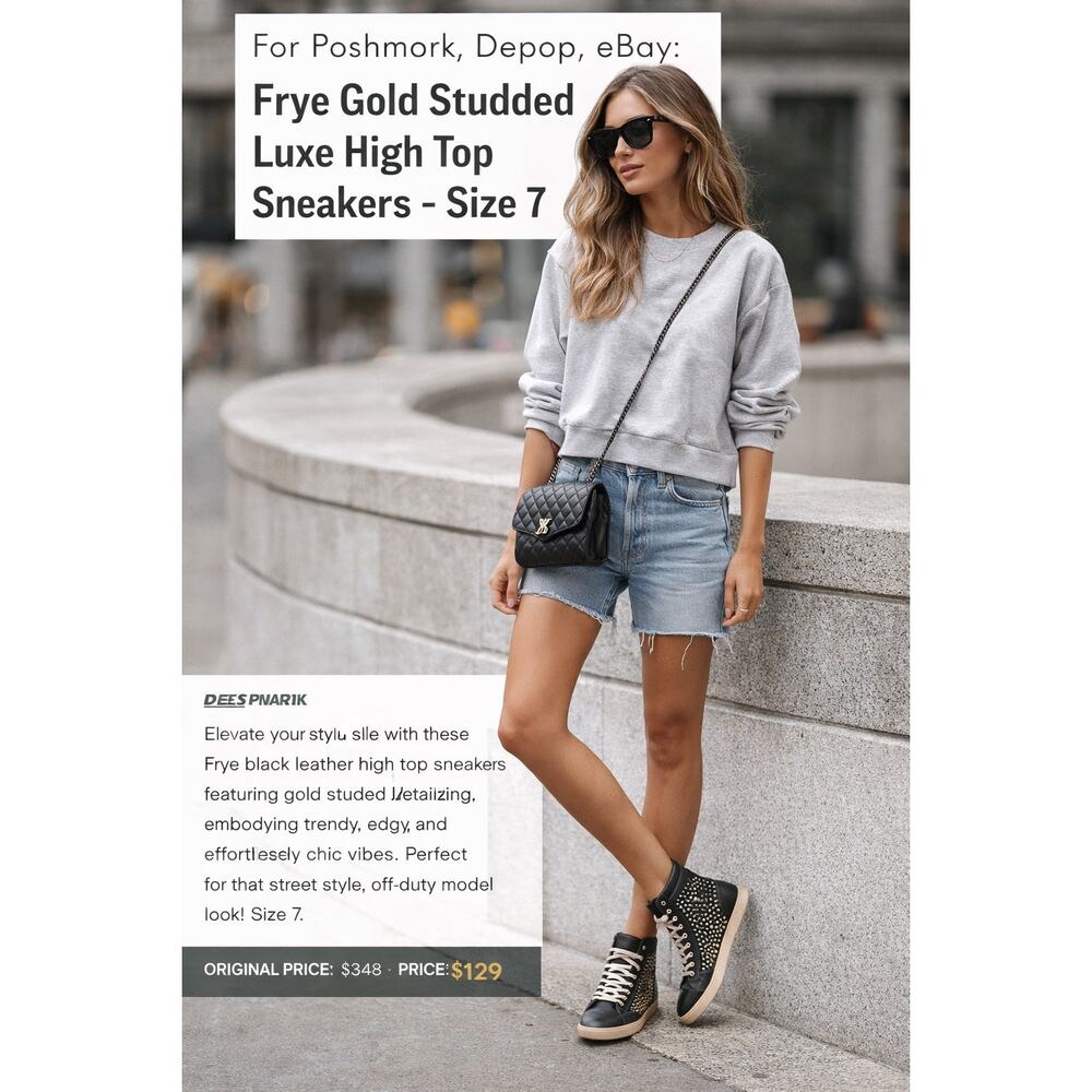 Frye Gold Studded High Top‎ Sneakers Black Leather Size 7 Edgy Luxe Street Style